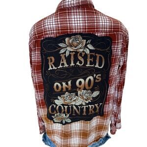 Raised on 90s Country Plaid Flannel Shirt LARGE Oversized Brown Upcycled Unique